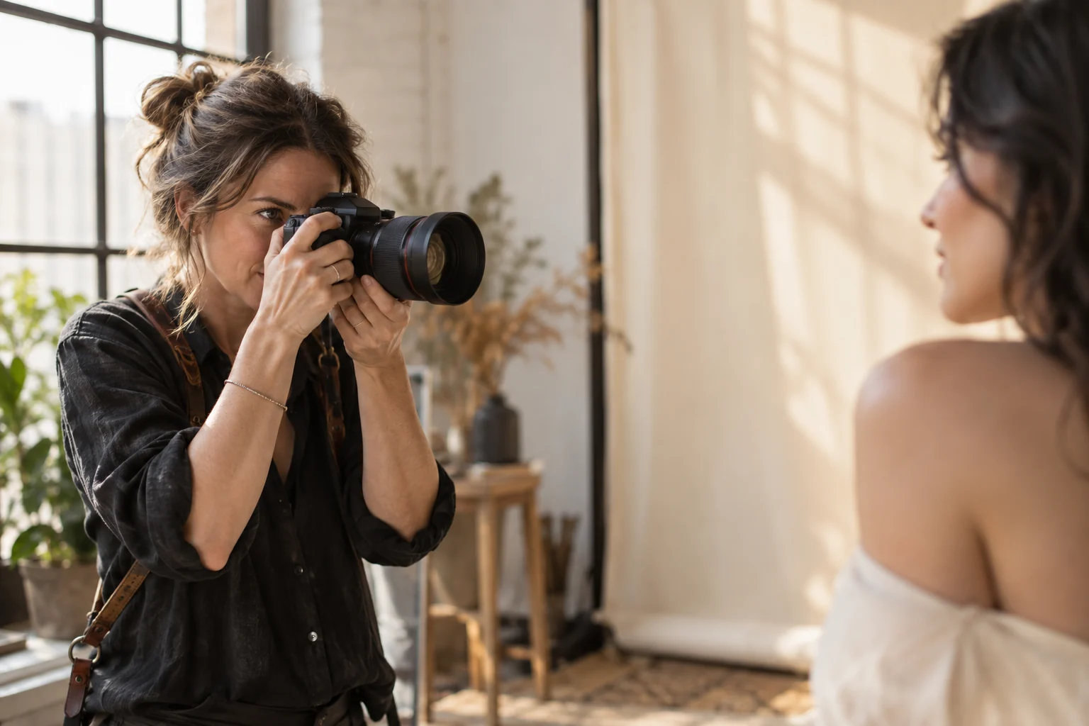 Photographe professionnelle préparant une séance en studio