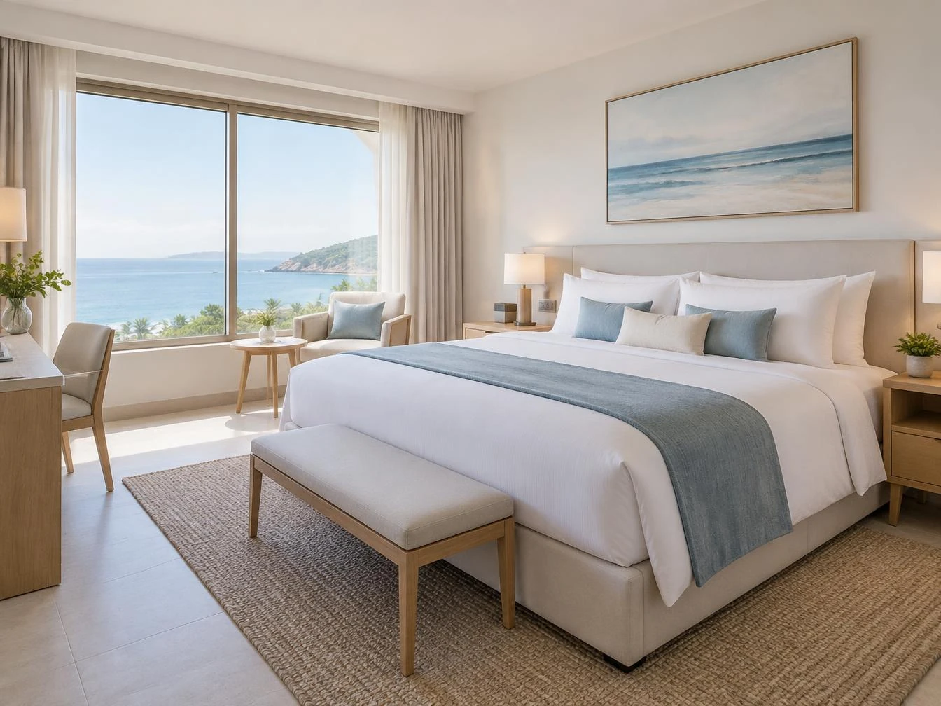 Chambre d'hôtel moderne parfaitement rangée avec lumière naturelle