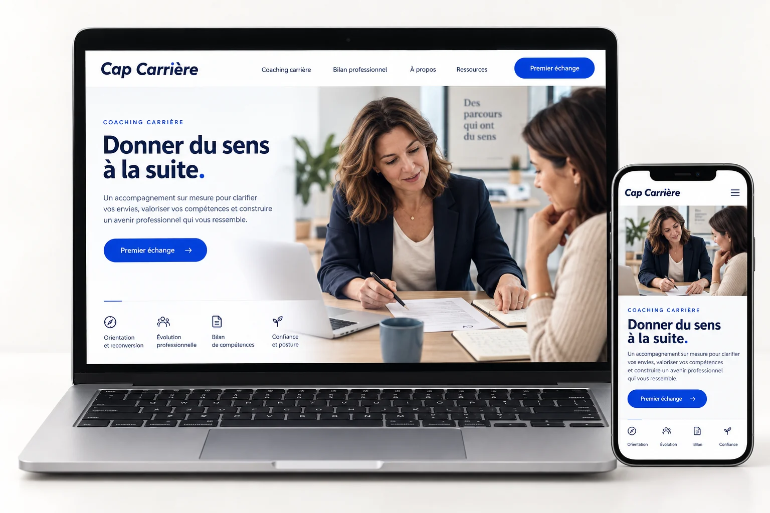 Site professionnel Hub Buddy affiché sur ordinateur portable et smartphone