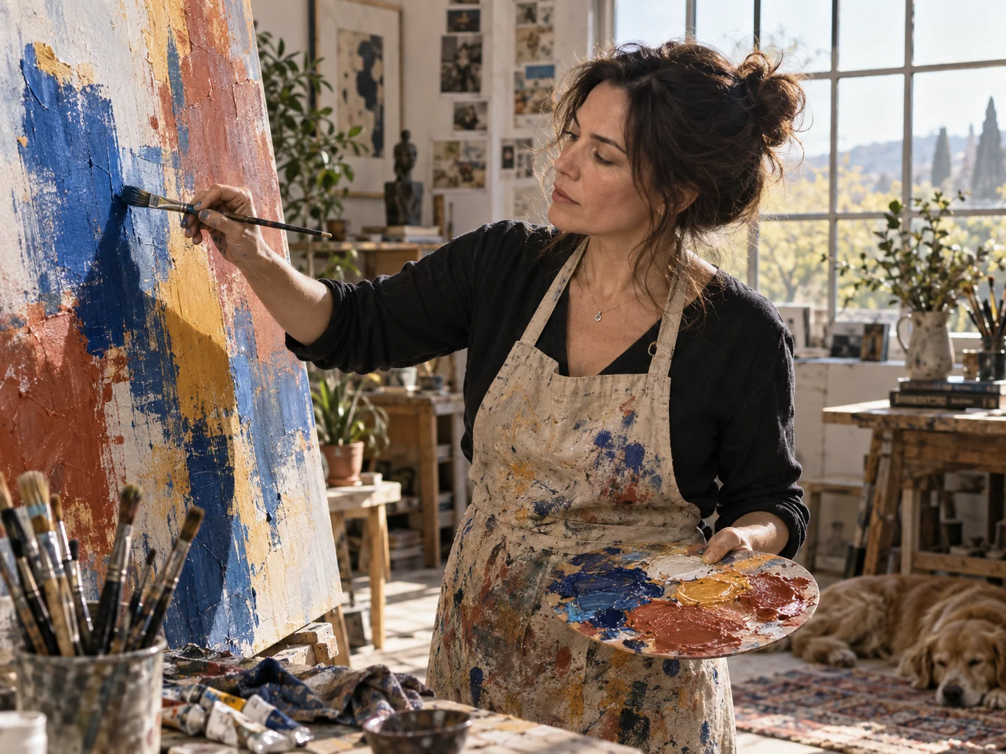 Artiste peintre travaillant devant une toile dans son atelier